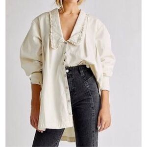 Free People Ecru Denim Peter Pan Collar Button-Down Shirt SZ XS (Fits up to M)